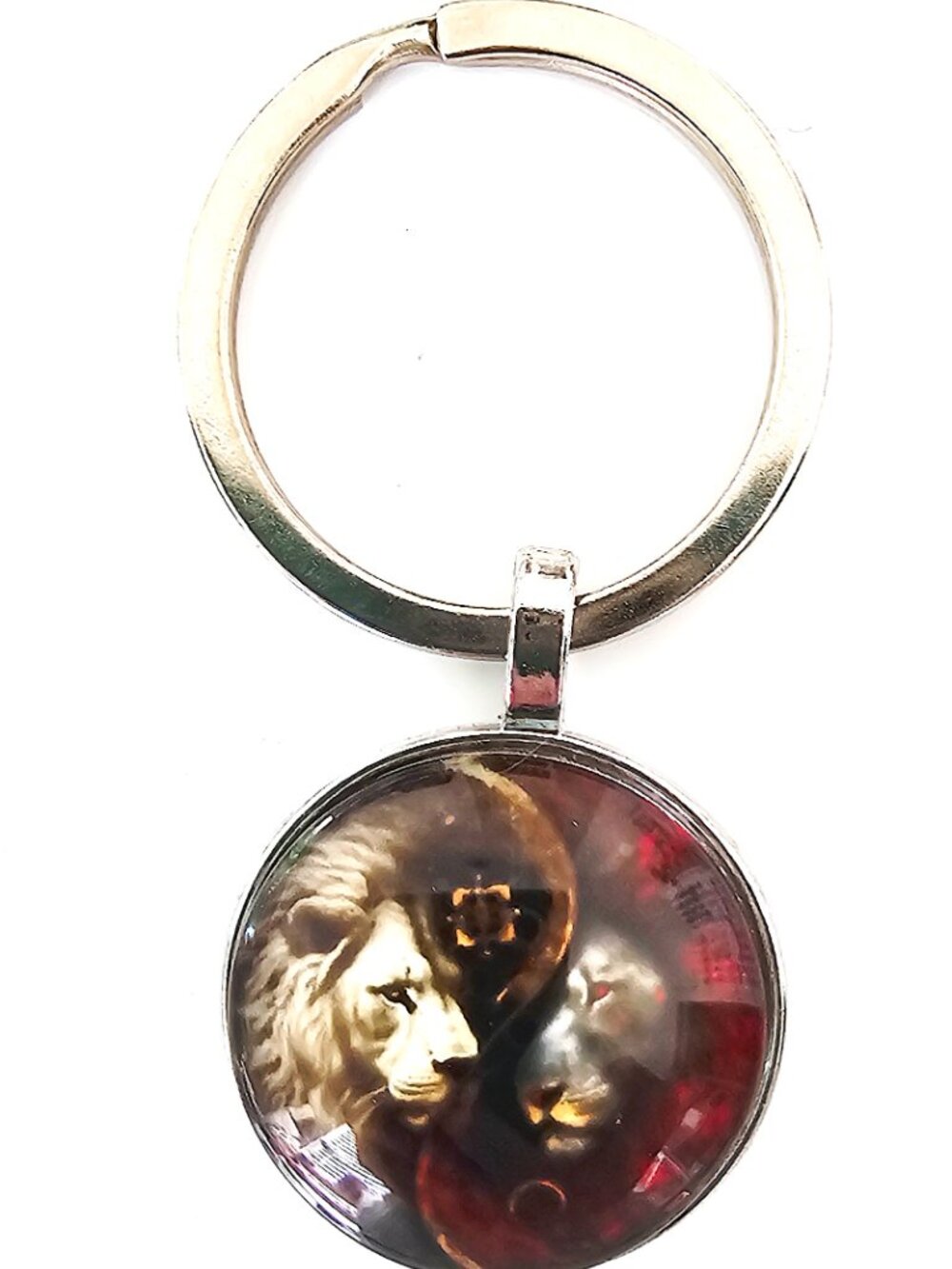Lion Yin Yang Keychain Unisex Mystical Animal Glass Dome Silver Key Ring Gift